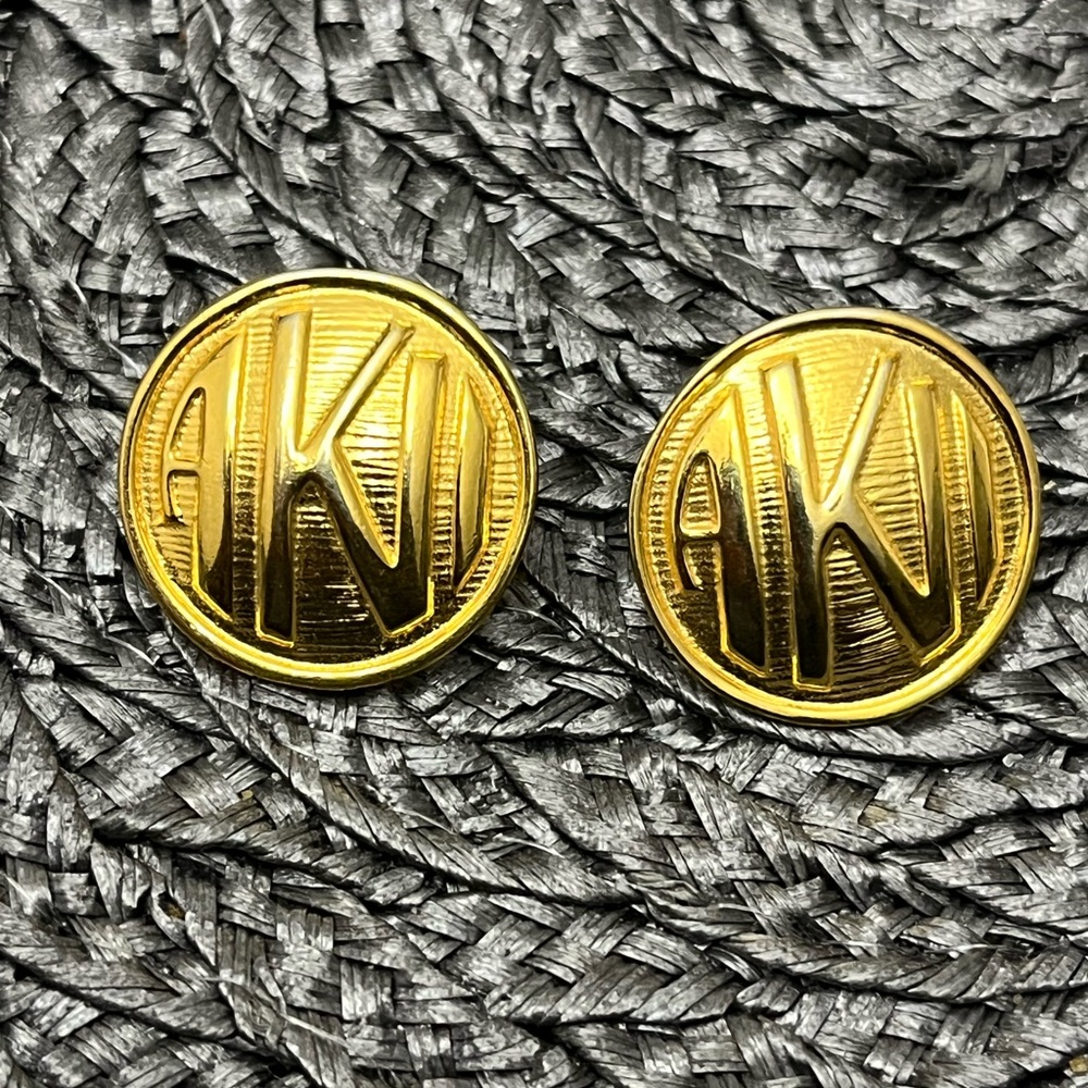 Vtg Anne Klein Logo Earrings Gold Tone Pierced Round Domed AK Runway